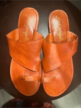 Free People Tan-Orange Vermillion Crossover Leather Slide Sandals